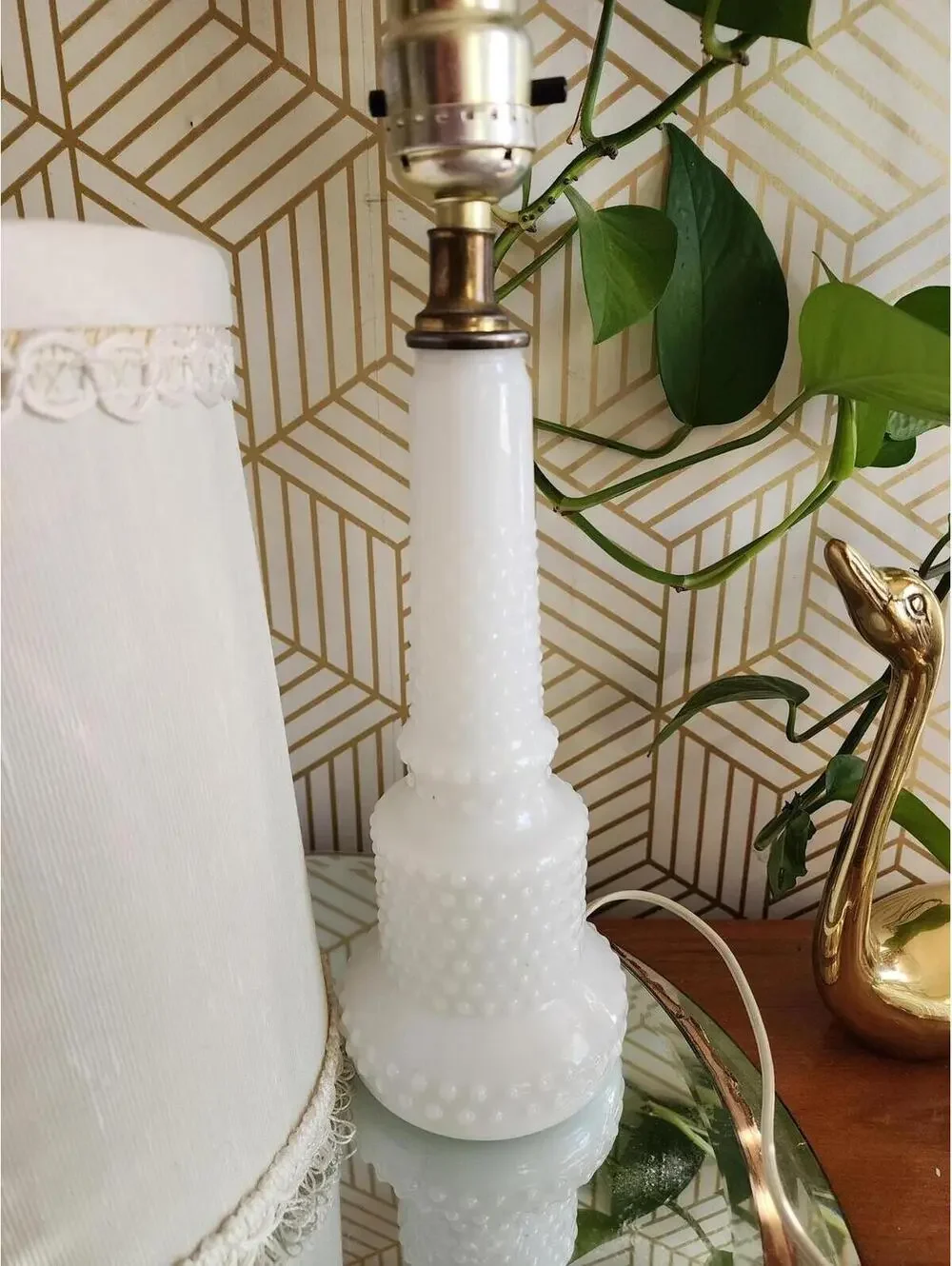 Vintage Milkglass Boudoir Table Lamp with Fringed Clip on Shade
